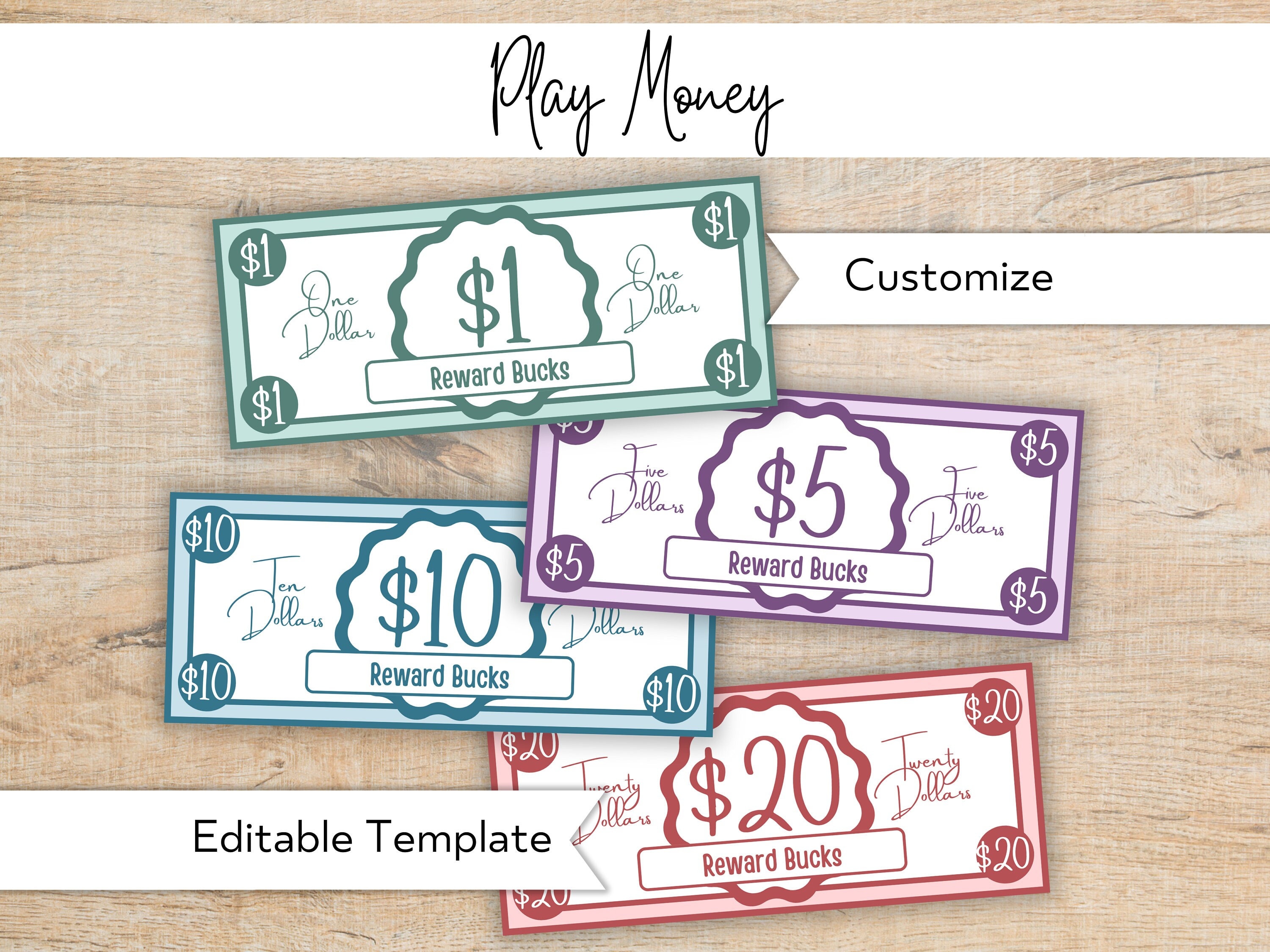 Printable Play Money Editable Reward Bucks Customizable Behavior Bucks ...