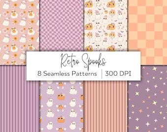 Groovy Halloween Seamless Pattern Digital Paper – Retro Spooky Designs (Digital Download)