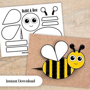 Może przedstawiać: Arkusz do prac ręcznych do druku zatytułowany Build A Bee z czarno-białymi konturami części ciała pszczoły, obok gotowej ilustracji pszczoły z żółto-czarnym paskowanym tułowiem, białymi skrzydłami w kształcie serca i czarnymi czułkami.