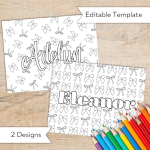 Pode incluir: Duas páginas para colorir imprimíveis com um padrão de laços. A primeira página tem o nome "Adeline" escrito em uma fonte decorativa. A segunda página tem o nome "Eleanor" escrito em uma fonte decorativa.