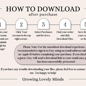 May include: A five-step instructional graphic titled HOW TO DOWNLOAD after purchase. It outlines the process: log in, click Your Account, select Purchases and Reviews, find the order, and save files. It notes app limitations and suggests using email.