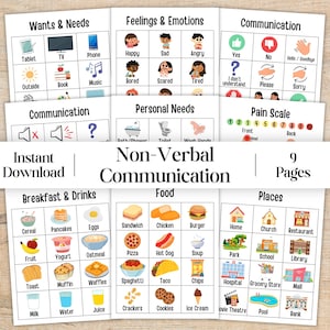 Puede incluir: Un conjunto de nueve tableros de comunicación imprimibles con diseños de cuadrícula, iconos coloridos y etiquetas de texto para deseos, necesidades, sentimientos, escalas de dolor, comida, bebidas y lugares, titulado Non-Verbal Communication.