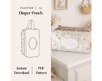May include: A rectangular diaper pouch featuring a beige floral print, a white plastic dispensing lid, and a ruffled fabric trim along the side. The image includes text reading US LETTER, A4, Diaper Pouch, Instant Download, and PDF Pattern.