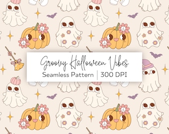 Groovy Halloween Seamless Pattern - Retro Ghosts & Pumpkins (JPG Digital Download)