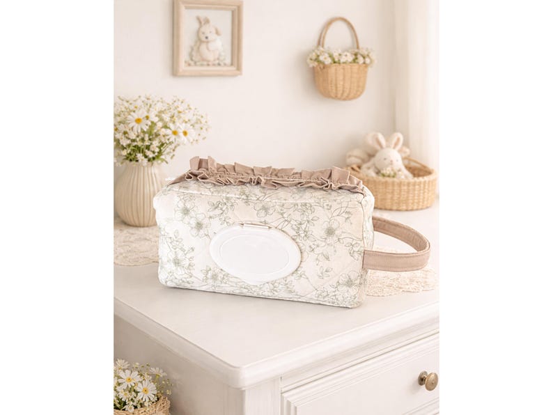 May include: A rectangular fabric wipes case featuring a light beige floral pattern on a white background. The top edge is decorated with a ruffled beige trim, and the front includes a white plastic flip-top lid. A beige handle is attached to the side.