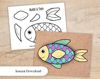 May include: A printable activity sheet titled Build A Fish with black and white outlines of fish parts, alongside a finished colourful fish illustration featuring a yellow head, purple, blue, and green scales, and yellow fins on a brown background.