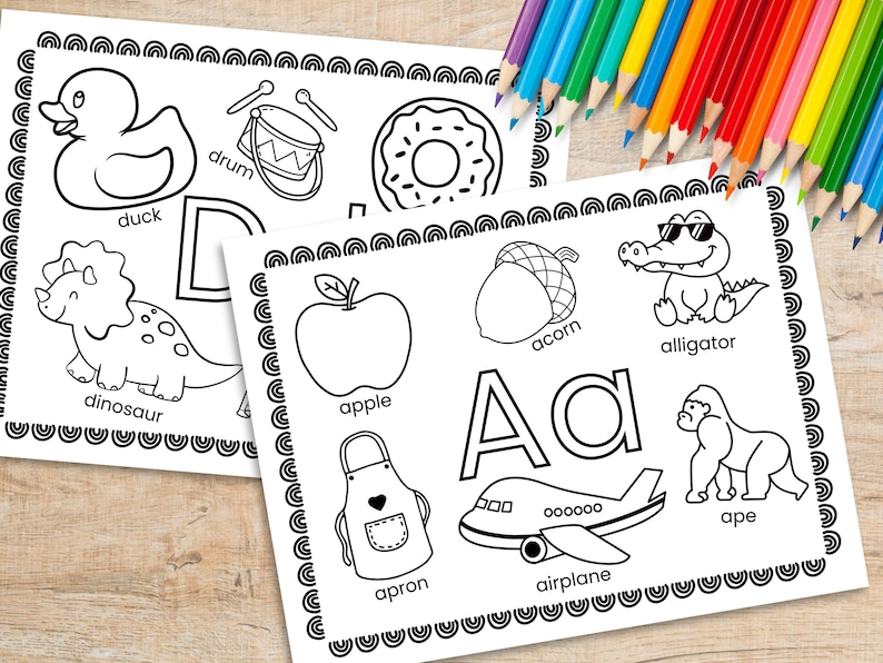 May include: Black and white coloring pages featuring the letters D and A with various illustrations of objects starting with those letters. The illustrations include a duck, drum, dinosaur, apple, acorn, alligator, apron, airplane, and ape.