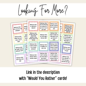 May include: A set of colorful cards with the text "Would You Rather" printed on them. Each card features a different "Would You Rather" question, such as "Would you rather drive a race car or fly a helicopter?" or "Would you rather have a red nose or red eyes?"