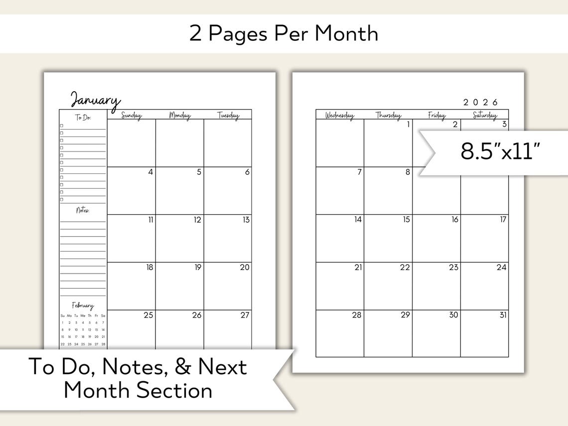 2026 Monthly Calendar Printable: Lined & Unlined Planner (PDF Download ...