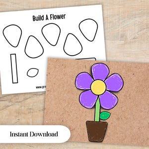 May include: A printable activity sheet titled Build A Flower with black outlines of flower parts and a completed example showing a purple flower with a yellow centre, a green stem and leaf, and a brown pot on a textured brown background.