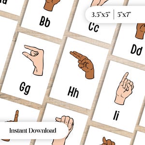May include: A set of educational flashcards featuring American Sign Language hand signs for letters A through J. Each white card displays a black letter and a corresponding hand illustration. Text on the cards includes 3.5"x5", 5"x7", and Instant Download.