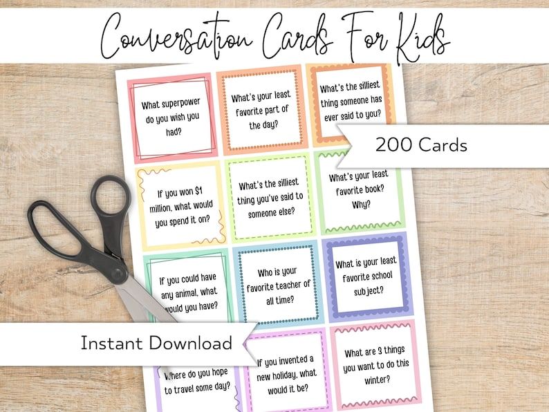 May include: A set of 200 conversation cards for kids with colorful backgrounds and questions printed on them. The cards are designed to spark conversation and encourage kids to think about their interests and experiences.