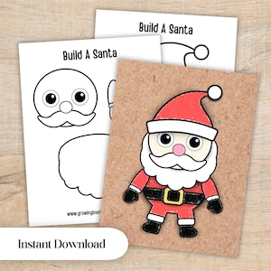 May include: A Build A Santa activity set featuring a printed paper sheet with black and white outlines of Santa Claus components and a finished, colorful Santa Claus character illustration on a textured brown cardstock background.