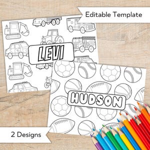May include: Two printable coloring pages featuring a variety of vehicles and sports equipment. The first page has a pattern of trucks, cars, and construction vehicles with the name "LEVI" at the top. The second page has a pattern of baseballs, footballs, and soccer balls with the name "HUDSON" at the top.