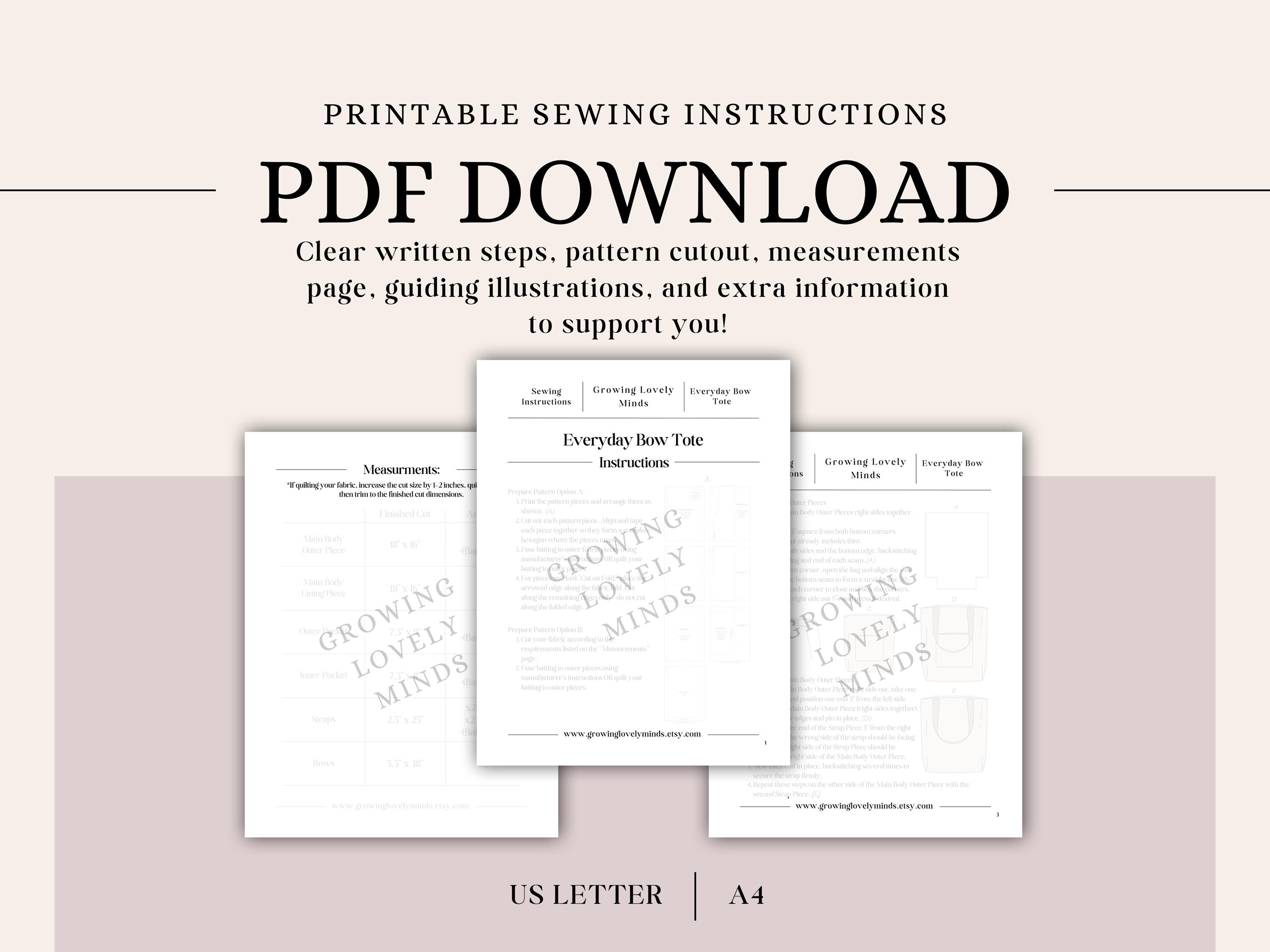 Bow Tote Bag Sewing Pattern, Beginner Friendly (PDF Download US Letter ...