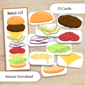 May include: A set of 25 cards featuring illustrations of burger components including buns, a grilled patty, cheese, avocado slices, red onion rings, tomato slices, lettuce, and sauce, with a vertical card labeled BURGER #21 and Instant Download text.