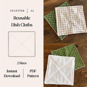 May include: A digital PDF pattern for reusable dish cloths in US Letter and A4 sizes. The image displays square cloths with green floral, beige gingham, and white textured fabric, each featuring an X-shaped stitch pattern across the centre.