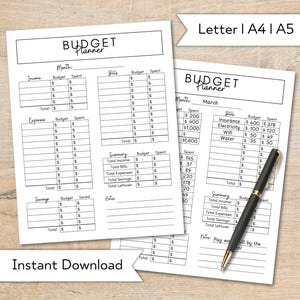 May include: A printable budget planner with sections for income, expenses, bills, and savings. The planner includes a summary section for tracking totals. The text "Instant Download" is at the bottom of the page.
