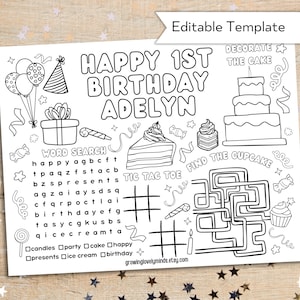 Birthday Coloring Page For Kids - Printable Custom Birthday Coloring Placemat - Birthday Craft Activity Sheet - Editable Template