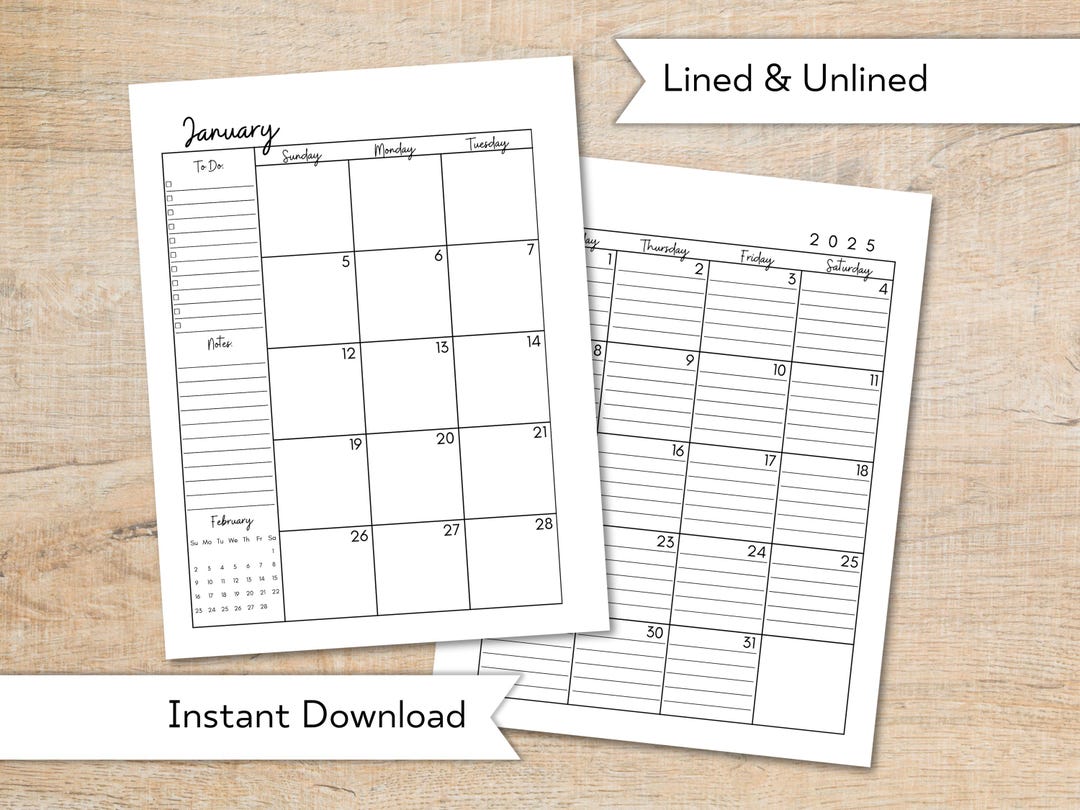 2025 Monthly Calendar Printable, Lined Unlined Planner Insert, Two ...