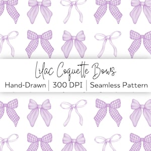 Papel digital con patrón sin costuras de lazos morados de Coquette - Papel con lazos lilas de acuarela dibujados a mano - Papel digital imprimible - Patrón sin costuras