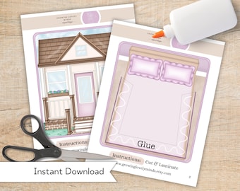 May include: Two printable activity sheets for kids. The first sheet shows a pink house with a brown roof and a pink door. The second sheet shows a pink bed with two pillows. The text on the sheets says "Instructions: Cut & Laminate" and "Glue".