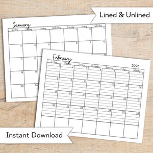 2026 Monthly Calendar Printable, Lined Unlined Horizontal Planner Insert, Desk Planner