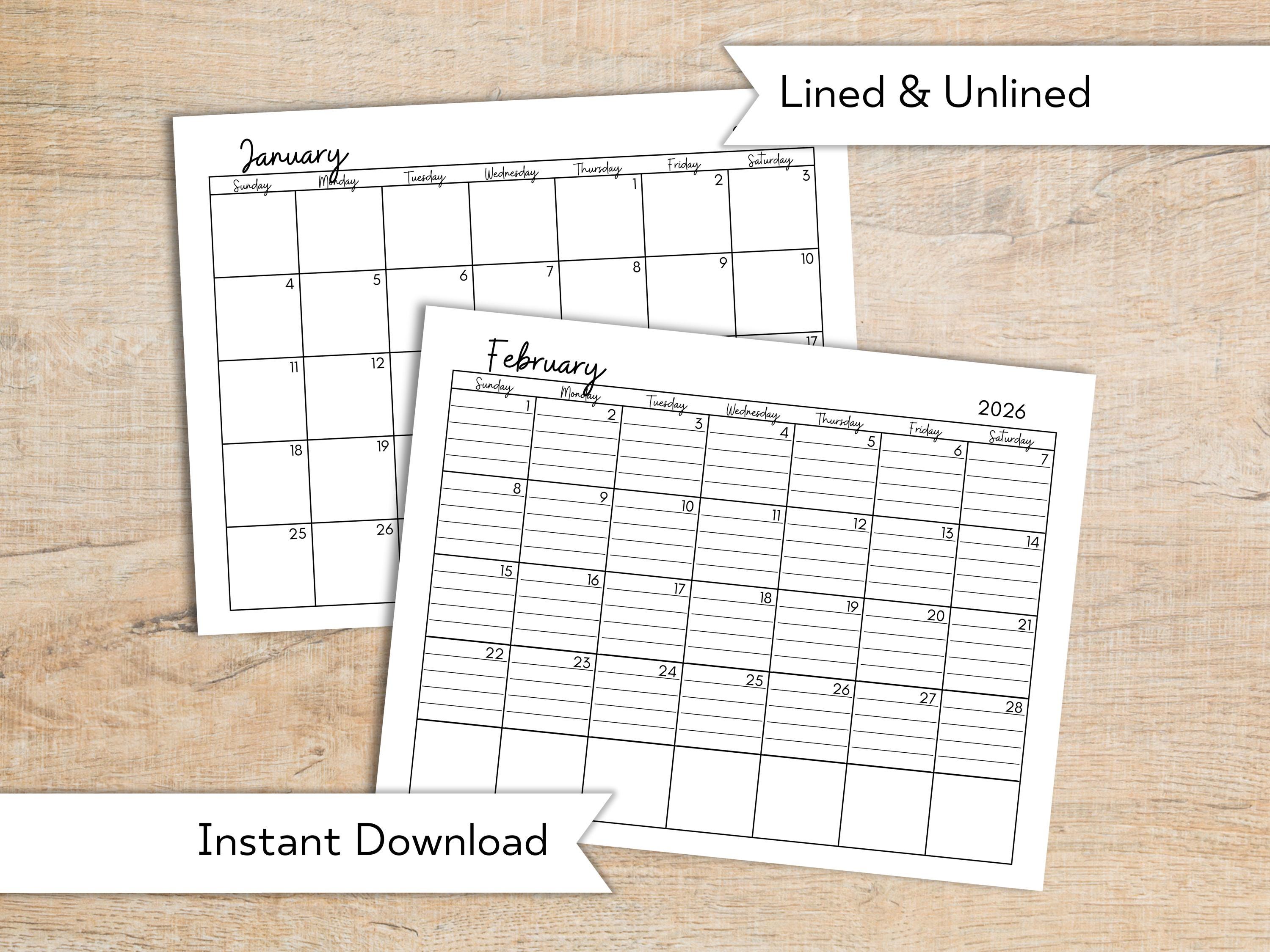 2026 Monthly Calendar Printable, Lined Unlined Horizontal Planner