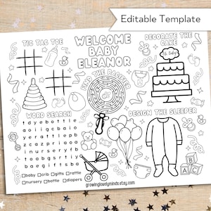 Baby Shower Custom Coloring Page For Kids - Printable Custom Baby Shower Coloring Placemat - Activity Sheet - Editable Template