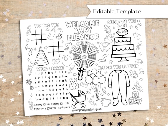 Baby Shower Custom Coloring Page For Kids - Printable Custom Baby Shower Coloring Placemat - Activity Sheet - Editable Template