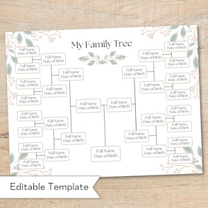Peut inclure: Un modèle d'arbre généalogique imprimable avec un fond blanc et des accents floraux verts et blancs. Le modèle comporte des espaces pour les noms et les dates de naissance. Le texte "My Family Tree" est en haut du modèle. Le texte "Editable Template" est en bas du modèle.