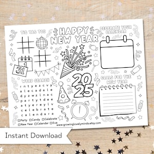 New Year&#39;s Eve Activity Page For Kids - Printable Custom New Years Coloring Placemat - New Year Craft Activity Sheet - New Years Party Decor