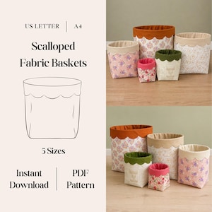 May include: A digital PDF pattern for scalloped fabric baskets in 5 sizes, compatible with US Letter and A4 paper. The image displays various finished fabric baskets featuring floral and solid patterns with scalloped top edges in multiple colors.