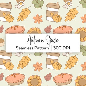 May include: Seamless pattern with autumn-themed illustrations. Features coffee cups, pumpkins, pie slices, sunflowers, leaves, and acorns in shades of orange, brown, and green. The text "Autumn Spice" and "Seamless Pattern" are displayed.