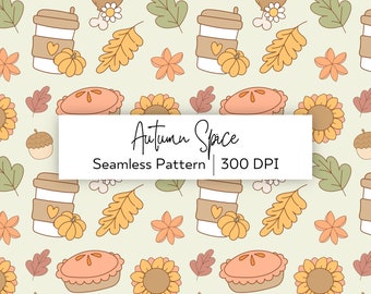 Groovy Fall Seamless Pattern – Retro Coffee, Pumpkin Spice (Digital Paper)