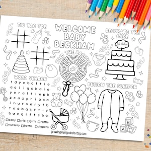 May include: A black and white printable baby shower game with activities like tic-tac-toe, a word search, a maze, and coloring pages. The game features the text "Welcome Baby Beckham".