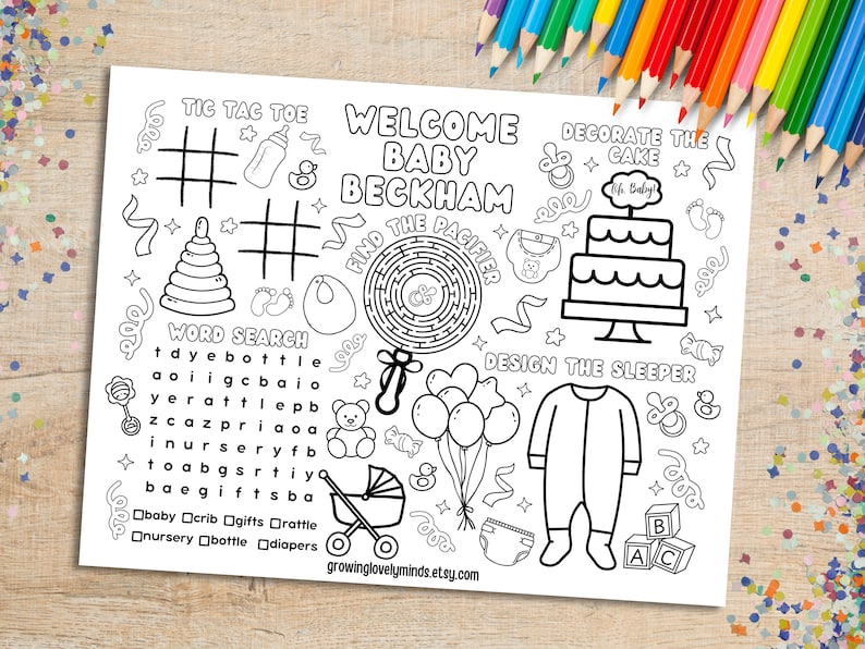 May include: A black and white printable baby shower game with activities like tic-tac-toe, a word search, a maze, and coloring pages. The game features the text "Welcome Baby Beckham".