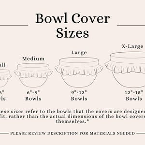 May include: A size chart for bowl covers featuring four illustrations of bowls with ruffled covers labeled Small, Medium, Large, and X-Large. The text indicates sizes for 4-6 inch, 6-9 inch, 9-12 inch, and 12-15 inch bowls, with a disclaimer about fit.