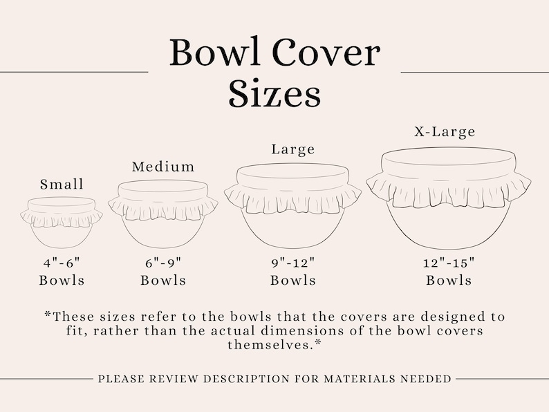 May include: A size chart for bowl covers featuring four illustrations of bowls with ruffled covers labeled Small, Medium, Large, and X-Large. The text indicates sizes for 4-6 inch, 6-9 inch, 9-12 inch, and 12-15 inch bowls, with a disclaimer about fit.