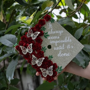 Custom Graduation Cap Topper, Grad Cap Topper, Gold Butterfly and Red Rose Paper flowers
