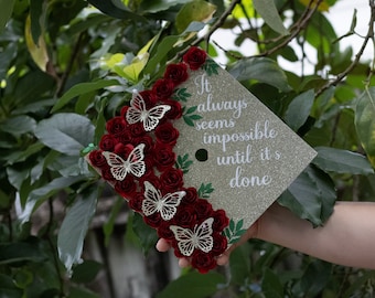 Custom Graduation Cap Topper, Grad Cap Topper, Gold Butterfly and Red Rose Paper flowers