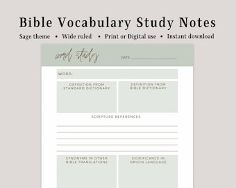 Digital Bible Study Notes Template | Word Study, Sage Theme (PDF)