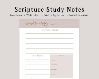 Digital Bible Study Notes Template | Rose Theme, Wide Ruled (PDF)