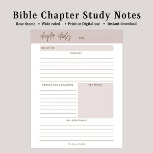 Może przedstawiać: Drukowany szablon notatek do nauki Biblii w stylu różanym. Szablon zawiera sekcje na podsumowanie, streszczenie, osoby i miejsca, kluczowe terminy i kluczowe fragmenty Pisma Świętego.