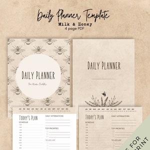 May include: A printable daily planner template with a bee and floral design. The planner includes sections for schedule, daily affirmations, top priorities, and to-do list. The text "Daily Planner" and "Plue Meadow Printables" is included on the page.