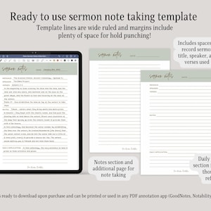 May include: A digital template for taking sermon notes. The template includes sections for the message, speaker, verses, notes, and daily application. The template is designed to be used with a digital pen and is ready to download and print.