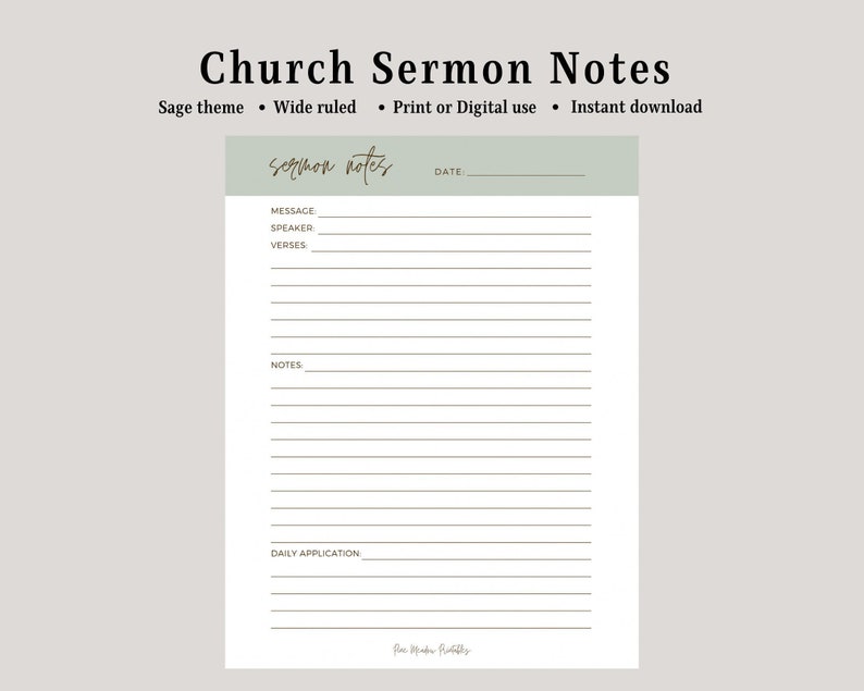 May include: Printable church sermon notes template with a sage green background. The template includes sections for the date, message, speaker, verses, notes, and daily application.