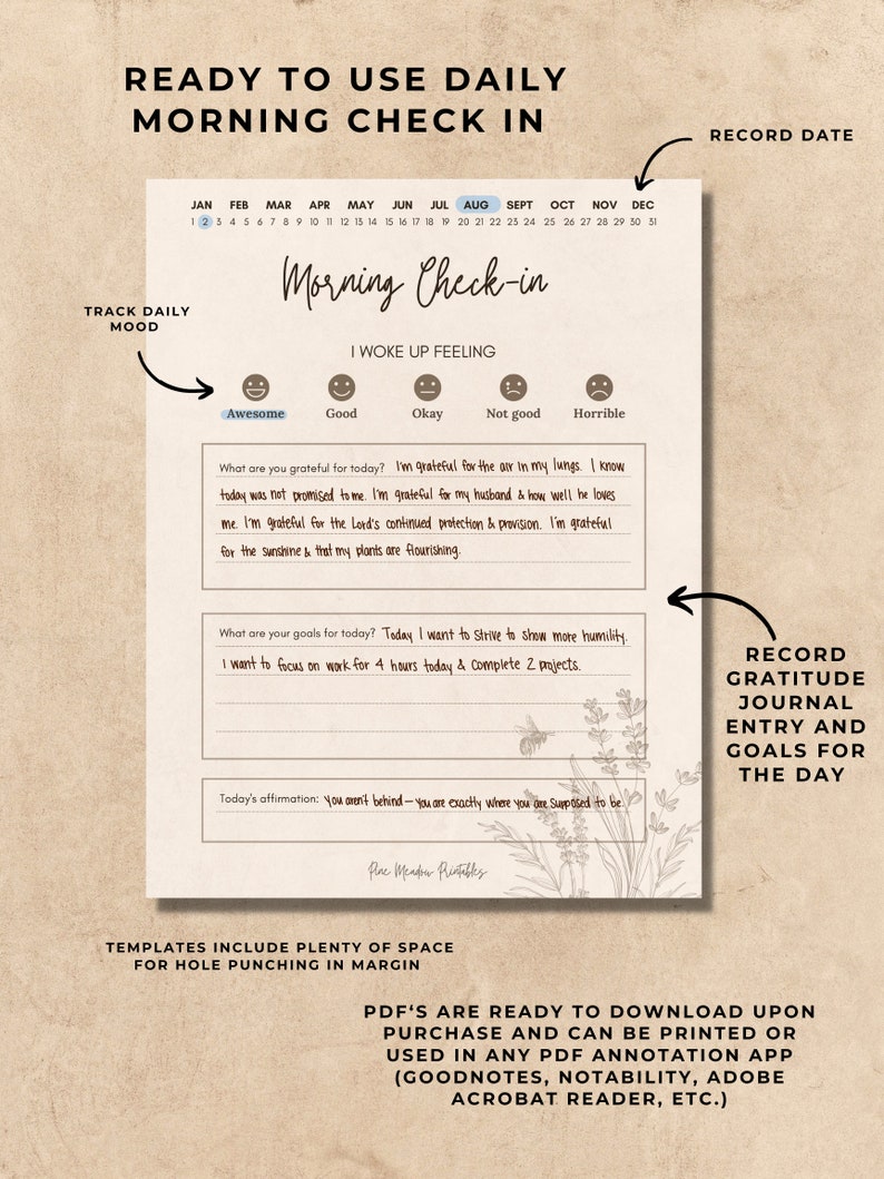 May include: A printable daily morning check-in sheet with a floral design. The sheet includes sections for tracking mood, gratitude, goals, and affirmations. The text "Ready to Use Daily Morning Check In" is at the top of the sheet. The text "Record Date" is at the top right of the sheet. The text "Record Gratitude Journal Entry and Goals for the Day" is at the right side of the sheet.