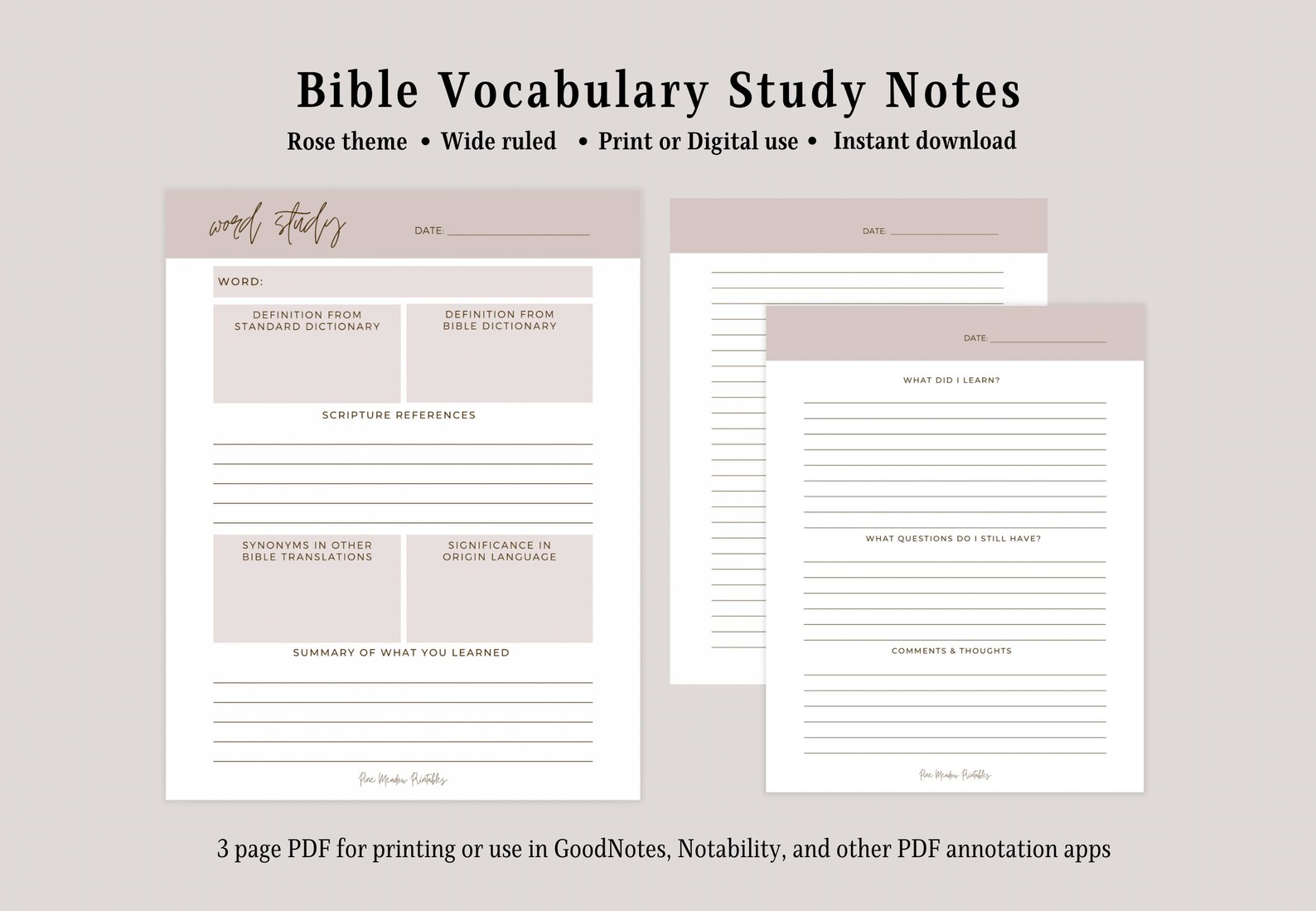 Digital Bible Study Notes Template | Word Study, Rose Theme (PDF) - Etsy