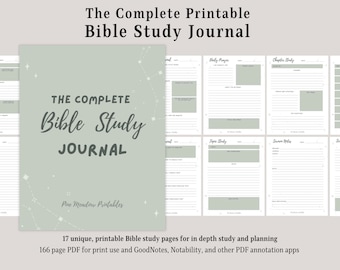 Pode incluir: Um diário de estudo bíblico imprimível com uma capa verde que apresenta um design de constelação e o texto "The Complete Bible Study Journal".